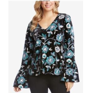 Karen Kane Women Black Teal Blue Floral Embroidery Velvet blouse Sz S Boho